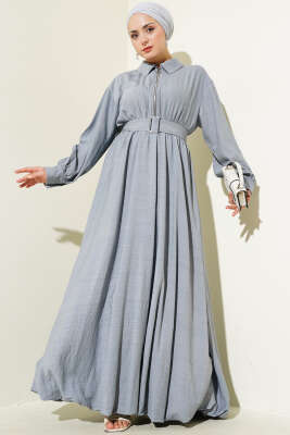 Yarım Fermuarlı Mevlana Elbise Gri 