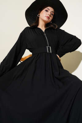 Yarım Fermuarlı Mevlana Elbise Siyah 