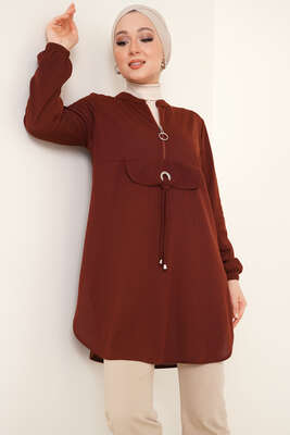 Yarım Fermuarlı Tunik Kahve