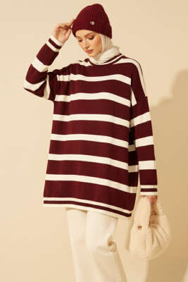 Yatay Çizgi Detaylı Triko Tunik Bordo - VANİZA TRİKO