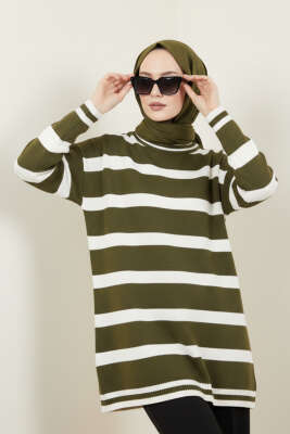 Yatay Çizgi Detaylı Triko Tunik Haki - VANİZA TRİKO