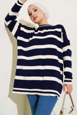 Yatay Çizgi Detaylı Triko Tunik Lacivert - VANİZA TRİKO