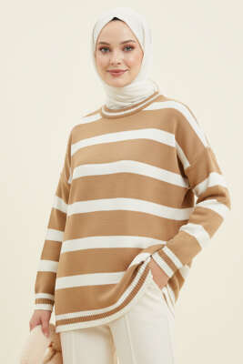 Yatay Çizgi Detaylı Triko Tunik Latte - VANİZA TRİKO