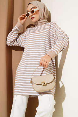 Yatay İnce Çizgili Tunik Bej 