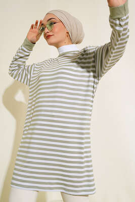 Yatay İnce Çizgili Tunik Çağla Yeşili 