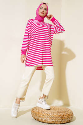 Yatay İnce Çizgili Tunik Fuşya 