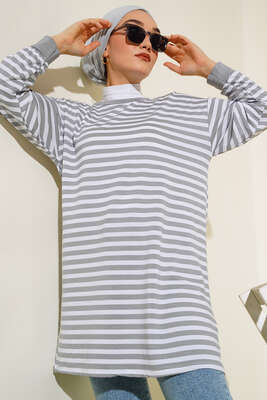 Yatay İnce Çizgili Tunik Gri 