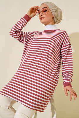 Yatay İnce Çizgili Tunik Gül Kurusu 