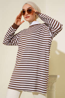 Yatay İnce Çizgili Tunik Kahve - Tunik