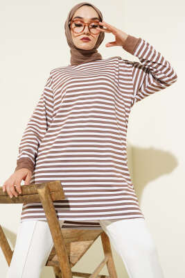 Yatay İnce Çizgili Tunik Kestane 