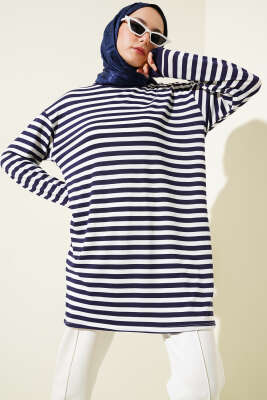 Yatay İnce Çizgili Tunik Lacivert 