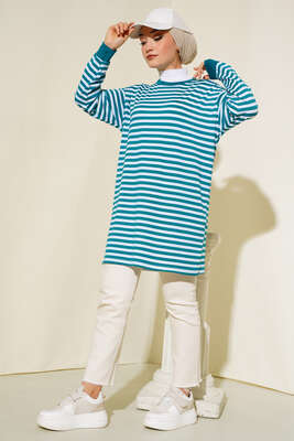 Yatay İnce Çizgili Tunik Petrol 