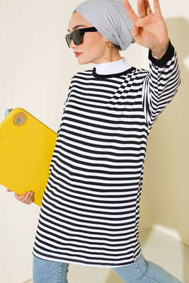 Yatay İnce Çizgili Tunik Siyah 