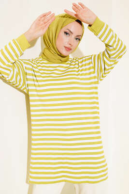 Yatay İnce Çizgili Tunik Yağ Yeşili 