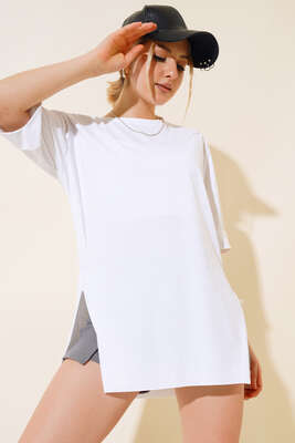 Yırtmaçlı Duble Kol T-shirt Beyaz 