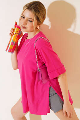 Yırtmaçlı Duble Kol T-shirt Fuşya 