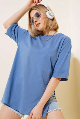 Yırtmaçlı Duble Kol T-shirt İndigo - Yeni Giyim