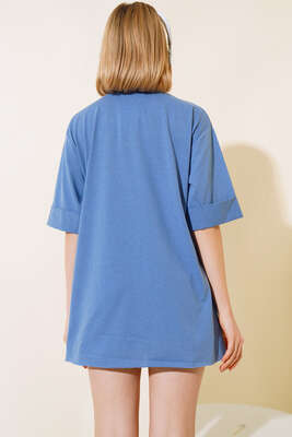 Yırtmaçlı Duble Kol T-shirt İndigo - Yeni Giyim