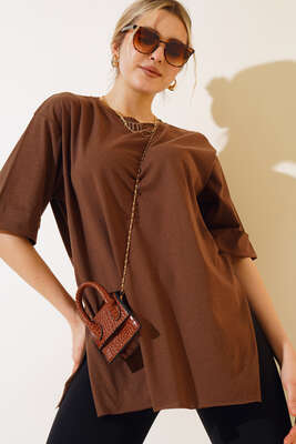 Yırtmaçlı Duble Kol T-shirt Kahve 