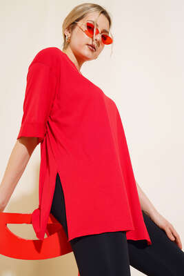 Yırtmaçlı Duble Kol T-shirt Kırmızı 