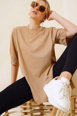 Yırtmaçlı Duble Kol T-shirt Latte 