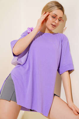 Yırtmaçlı Duble Kol T-shirt Lila 