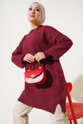 Yırtmaçlı Düz Yumoş Triko Tunik Kırmızı - Tunik