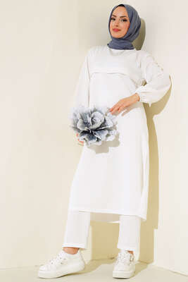 Yırtmaçlı Uzun İkili Takım Beyaz 