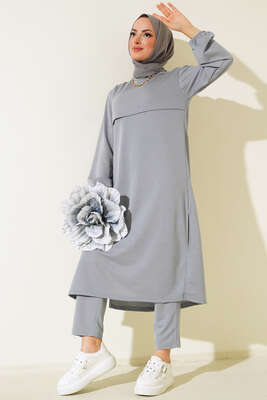 Yırtmaçlı Uzun İkili Takım Gri 