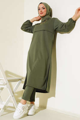 Yırtmaçlı Uzun İkili Takım Haki 