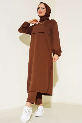 Yırtmaçlı Uzun İkili Takım Kahve 