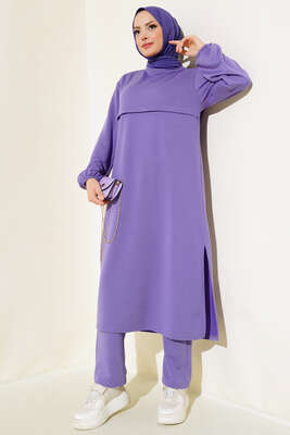 Yırtmaçlı Uzun İkili Takım Lila 