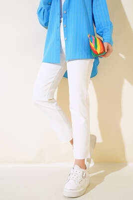 Yüksek Bel Boru Paça Kot Pantolon Beyaz - HEPYEK