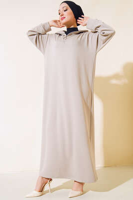 Yüksek Yaka Fermuarlı Elbise Bej 