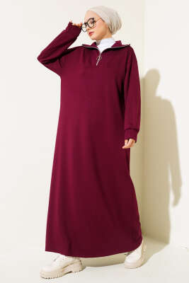 Yüksek Yaka Fermuarlı Elbise Bordo - Elbise