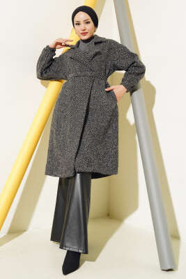 Zigzag Desenli Kuşaklı Trençkot Siyah Bej 