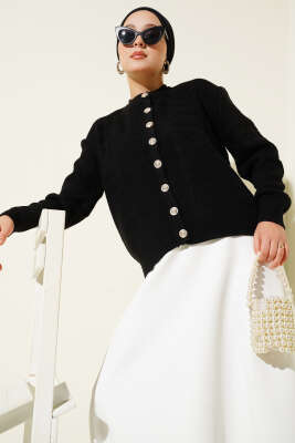 Zikzak Desenli Gold Düğmeli Triko Hırka Siyah