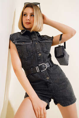 Zımba Detaylı Kot Tulum Füme - Yeni Giyim