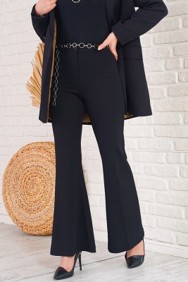 Zincir Kemerli İspanyol Paça Siyah Pantolon