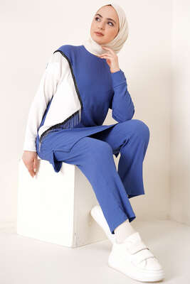 Zincir Püsküllü Garnili Bürümcük İkili Takım İndigo